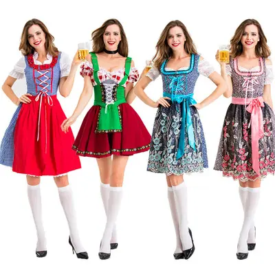 Traditional Women Oktoberfest Dirndl Dress Bavarian Beer Maid Costume Party Female Cotton Embroidered Short Sleeve Dress