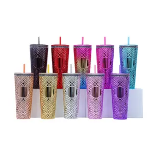 Wholesale Bulk Reusable Skinny Lid Drinking Diamond Tumblers Double Wall Plastic Studded Tumblr Cup With Straw And Lid