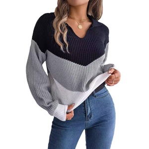 Casual Lapel Color Blocking Long Sleeve Women's Knit <b>Pullover</b> <b>Sweater</b> Fashion - Product Image 1