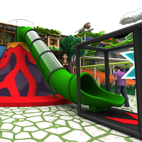 Équipement de terrain de jeu intérieur sur le thème de la jungle immersif personnalisé, structure en alliage/métal, structure cabane dans les arbres, toboggan volcan, piscine à balles