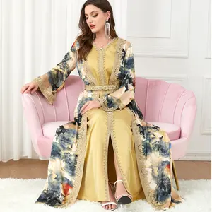 3218 Manufacture's Modest Floral Print Maxi Abaya Dress for Women Long Sleeve in Gold for Muslim Dress in Kuwait Saudi Arabia