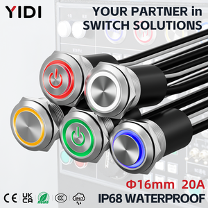 Interrupteur à bouton-poussoir métallique étanche IP68 16 mm 20 A 1NO avec anneau LED, momentané, à verrouillage, scellé avec colle, fil de connexion - Product Image 1