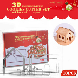 3D Gingerbread Nhà Giáng Sinh <span class=keywords><strong>Cookie</strong></span> Máy Cắt Đặt Thép Không Gỉ 10 Pcs Sinh Thái Thân Thiện Với Môi Hình Dạng Phim Hoạt Hình Công Cụ Nướng Bền - Product Image 1