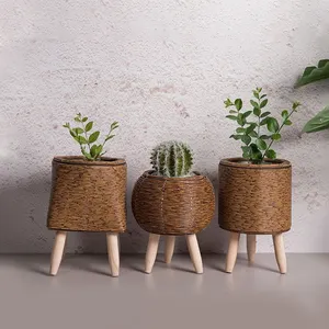 Woven Basket Planter Ornaments Creative Rustic Flower Pot Basket Plant Stand with Legs