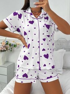 Conjunto de Pijama Casual para Mujer, Estampado de Corazones, Una Camiseta de Manga Corta, Un Par de Pantalones Cortos, Lazo, para Verano, Ropa de Dormir para la Noche - Product Image 5