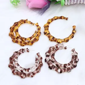 Qiuhan 75mm Bamboo Hoop Colorful Acrylic Resin Earrings for Woman Gift Jewelry Summer Style Fashion Cute Silver Plated 2 Pairs