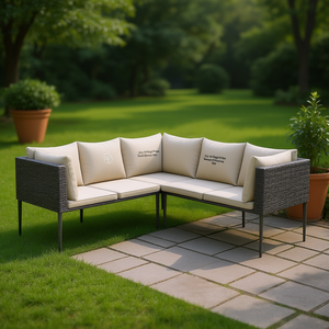 Ensemble de canapé d'angle de jardin en rotin gris et beige, meubles d'extérieur durables, design contemporain, coussins en mousse haute densité - Product Image 2