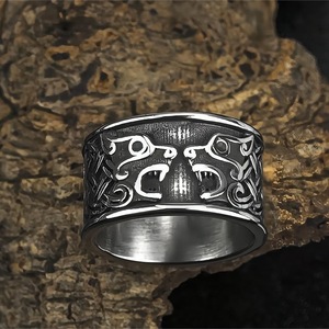 Men's Titanium Steel <b>Ring</b> Viking Double Wolf Head Design Hip Hop Style Animal Pattern Gift Jewelry - Product Image 1
