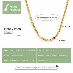 Gold Curb Chain Necklace Stainless Steel 14K Gold Vacuum Plated <b>Black</b> Zircon Accent 40+5cm - Product Image 2