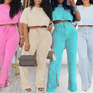 ชุดลำลองผู้หญิง 2 ชิ้น ลายมัดย้อม คอกลม แขนสั้น กางเกงผูกเอว แฟชั่น - Product Image 1