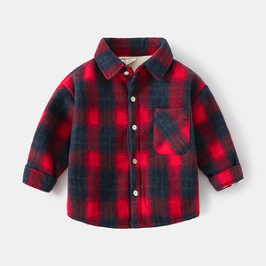 Automne hiver tricoté <span class=keywords><strong>chemise</strong></span> doublée polaire pour garçons enfant en bas âge col rabattu décontracté Plaid couleur unie bouton de poche enfants - Product Image 5