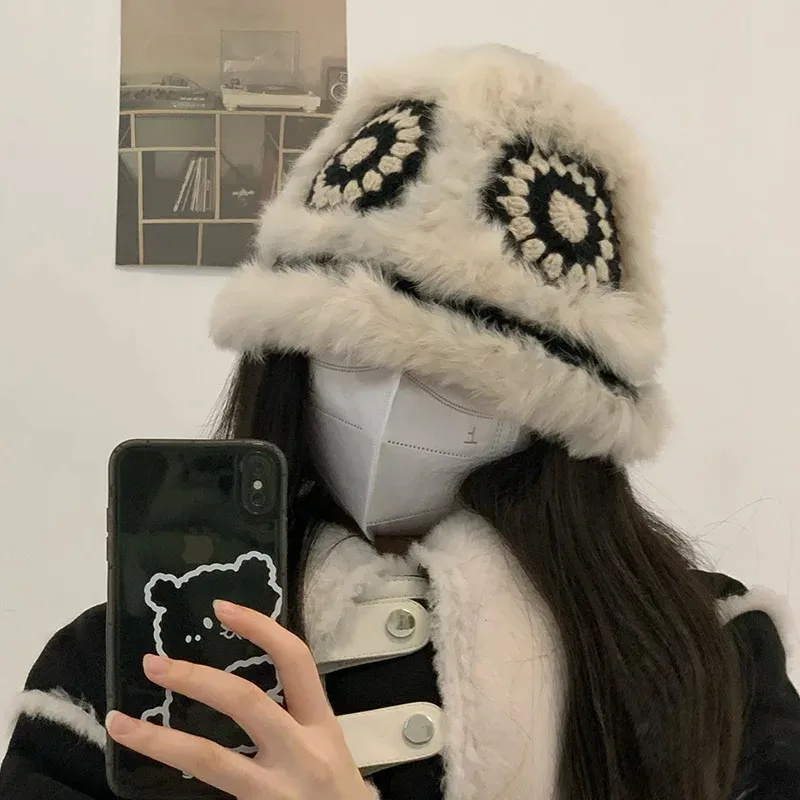 Chine-Chic seau chapeaux pour femmes hiver chaud mignon en peluche casquette grande tête taille décontracté lapin fourrure tricoté casquettes de pêcheur