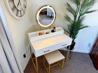 Coiffeuse moderne pour fille avec miroir et éclairage LED 3 couleurs, table de maquillage compacte avec tiroirs de rangement et chaise