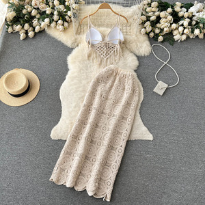 Gonna bohémien smodozed Set da donna estiva con pezza e nappine sul petto con spalline e mezza gonna sul fianco Set due pezzi - Product Image 3