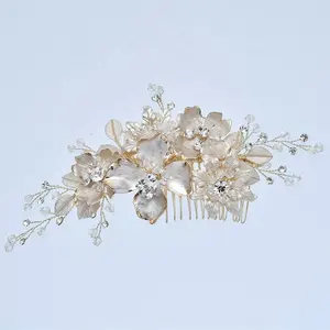 Luxury Gold Flower Leaf Bridal Accessories Headband Crystal Fancy Bridesmaids Headpiece Women Hair Combs