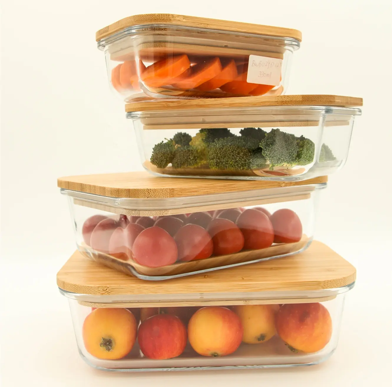 New arrived rectangle high borosilicate glass food storage container set with airtight bamboo lids