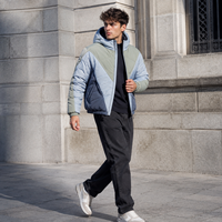 Chaqueta Acolchada para Hombre, Color Azul Claro, Gris Marino, de Nailon, con Capucha, Cierre de Cremallera, Diseño Chevron, para Invierno, Aislante, para Exteriores