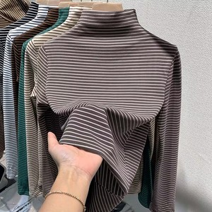 Women's Yarn Dyed Striped Long Sleeve Semi High Collar Base Shirt Soft Knit <b>Top</b> Daily Wear Autumn Winter Inner <b>Layer</b> - Product Image 1