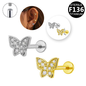 Boucles d'oreilles papillon en titane F136 avec zircon plaqué or et argent pour piercing d'oreille - Product Image 3