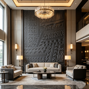 Panneau mural décoratif en MDF <span class=keywords><strong>noir</strong></span> avec relief géométrique sculpté sur mesure par CNC pour mur intérieur - Product Image 1