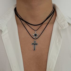 Juego de 3 Collares con Colgante de Estrella/Cruz con Incrustaciones de Diamantes de Imitación Estilo Hip Hop para Hombre, Cadenas de Clavícula Punk, Accesorios de Joyería, Regalo - Product Image 1