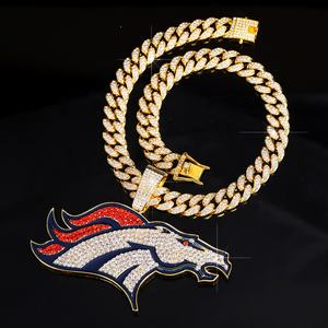 Kalung perhiasan rantai Kuba berlian penuh gaya Punk Hiphop liontin juara Denver Broncos NFL Super besar kualitas tinggi - Product Image 2