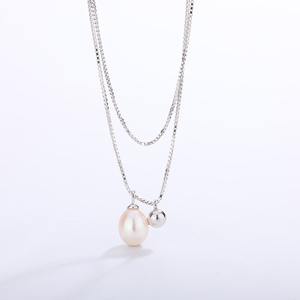 สร้อยคอเงินแท้ S925 แบบสองชั้น พร้อมจี้มุกน้ำจืดทรงรี ดีไซน์เรียบง่ายสำหรับผู้หญิง - Product Image 2