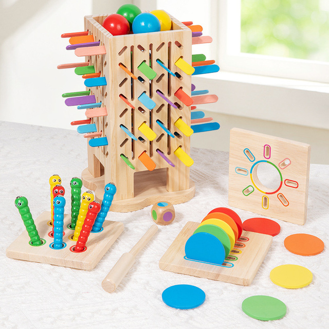 Custom Early Education Wooden Five-in-one Stick Game Balance Game Math Color Cognitive Parent-child Interactive Board Game For C