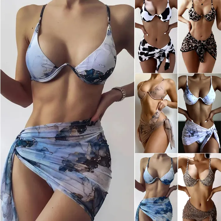 2022 yaz yeni sahil özel Beachwear moda 3 adet mayo seti moda baskılı mayo Cover Up Bikini seti