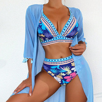 3-delige badpakken voor dames, tropische bloemenprint, badpak met doorschijnende mesh cover-up, klassieke set, zomerstrand bikini set