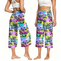 Pantalon Capri de Yoga Taille Haute pour Femme, Imprimé Lettres Graffiti, avec Cordon de Serrage, Style Street Art, Jambe Large, pour l'Entraînement Estival