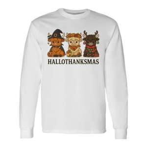 Camiseta de manga larga con diseño de ternos de vacas Highland de Hallothanksmas, diseño de Halloween y Acción de Gracias - Product Image 1