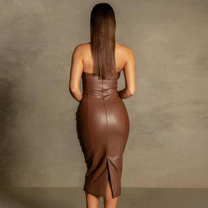 Vestido MIDI para mujer Color sólido Moda Cuerpo delgado con pecho extendido después del vestido de cuero PU - Product Image 6
