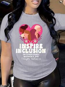 T-Shirt da Donna con Collo Tondo Inspire Inclusion, in Poliestere Lavorato a Maglia, Casual per Tutte le Stagioni, Manica Corta, Design per la Giornata Internazionale della Donna - Product Image 3