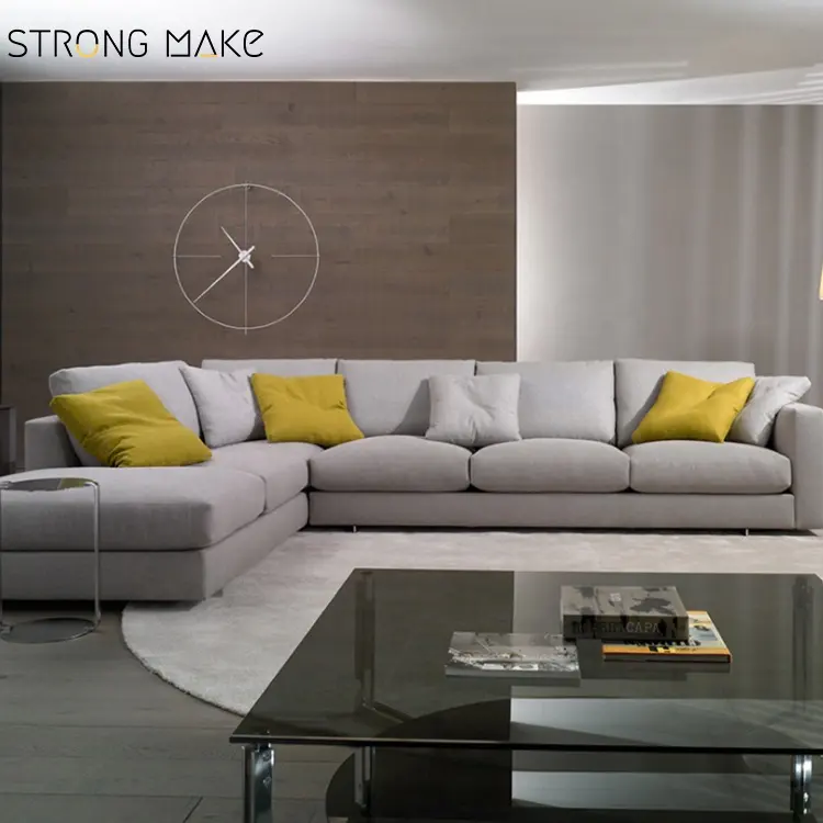 Europese Stijl Houten Benen Bekleding Verstelbare 3 Zits Moderne Grijze Stof Sectionele Bank Woonkamer Sofa Set Met Chaise