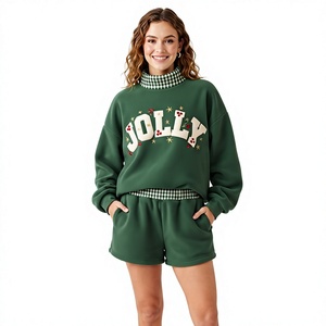 Jolly Embroidered <b>2</b> <b>Piece</b> Shorts Set Women's Full Sleeve Loose Fit Fleece Winter Gingham <b>Outfit</b> - Product Image 1