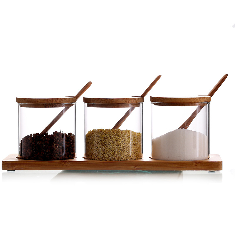 High borosilicate food small thing spice transparent clear glass storage jar set with wooden lid and bamboo spoon