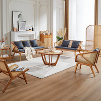 Ensemble de canapés en rotin et bois massif 1/2/3 places avec dossier en cannage et coussins, table basse d'appoint, mobilier de salon