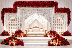Décor de scène de mariage de luxe blanc, mandap métallique moderne avec statue d'éléphant, mandap hexagonal découpé au laser pour mariage. - Product Image 5