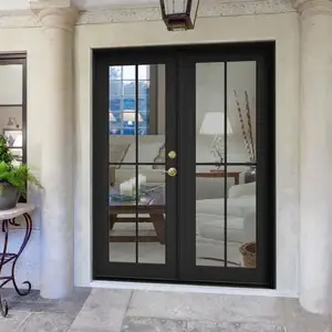 Modern metal front door french entry door aluminum swing door with grid