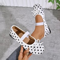 Chaussures plates Mary Jane à pois pour femmes, ballerines à bout rond avec nœud décoratif et bride élastique, chaussures habillées vintage en satin à talon bas