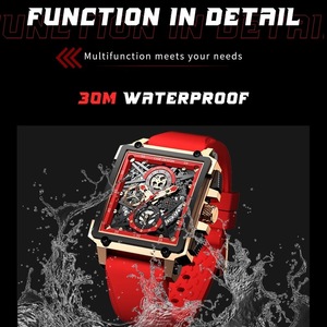 Reloj Cronógrafo Cuadrado para Hombre, Resistente al Agua 30M, Cuarzo Analógico con Correa Roja, Caja de Aleación y Cierre de Hebilla - Product Image 3