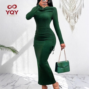 Abito da donna in maglia francese a maniche lunghe, a vita alta, slim fit, retrò, elegante, vintage, da ufficio, per tutti i giorni, chic. - Product Image 1