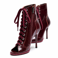 Bottines à lacets pour femmes, imprimé serpent bordeaux, talon haut, bout ouvert, bottes de danse, chaussures de danse latine pour performance de tango