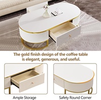 Table basse ovale moderne de style farmhouse de 47,2 pouces avec tiroirs, design profilé incurvé, finition en métal doré blanc + or, meubles de salon