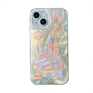 粉色闪光城堡手机套，带挂绳，适用于iPhone 15 14 13 12 Pro Max Plus公主童话手机套