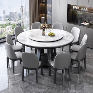 Mesa de Comedor Redonda Grande con Base Giratoria de Piedra Sinterizada y Marco de Madera Sólida para el Hogar - Product Image 3