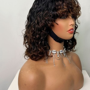 Perruques Bob 12 pouces à franges ondulées, 200% de densité, sans dentelle, 100% cheveux humains, cheveux brésiliens Remy, bouclées - Product Image 5