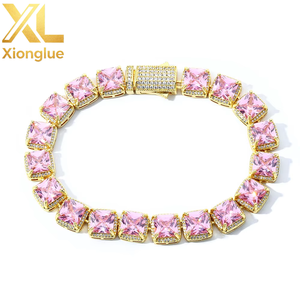 Pulsera de tenis cuadrada de circonita cúbica colorida con baño de rodio estilo hip hop, pulsera de tenis geométrica cuadrada de circonita azul. - Product Image 1