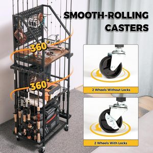 Garage fishing rod <b>storage</b> rack, holds 12 fishing rods, with pegboard/hooks, wheeled mobile fishing <b>cart</b>. - Product Image 4
